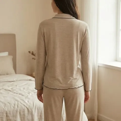 long sleeve lapel collar button front pajama set xlkl633 front view