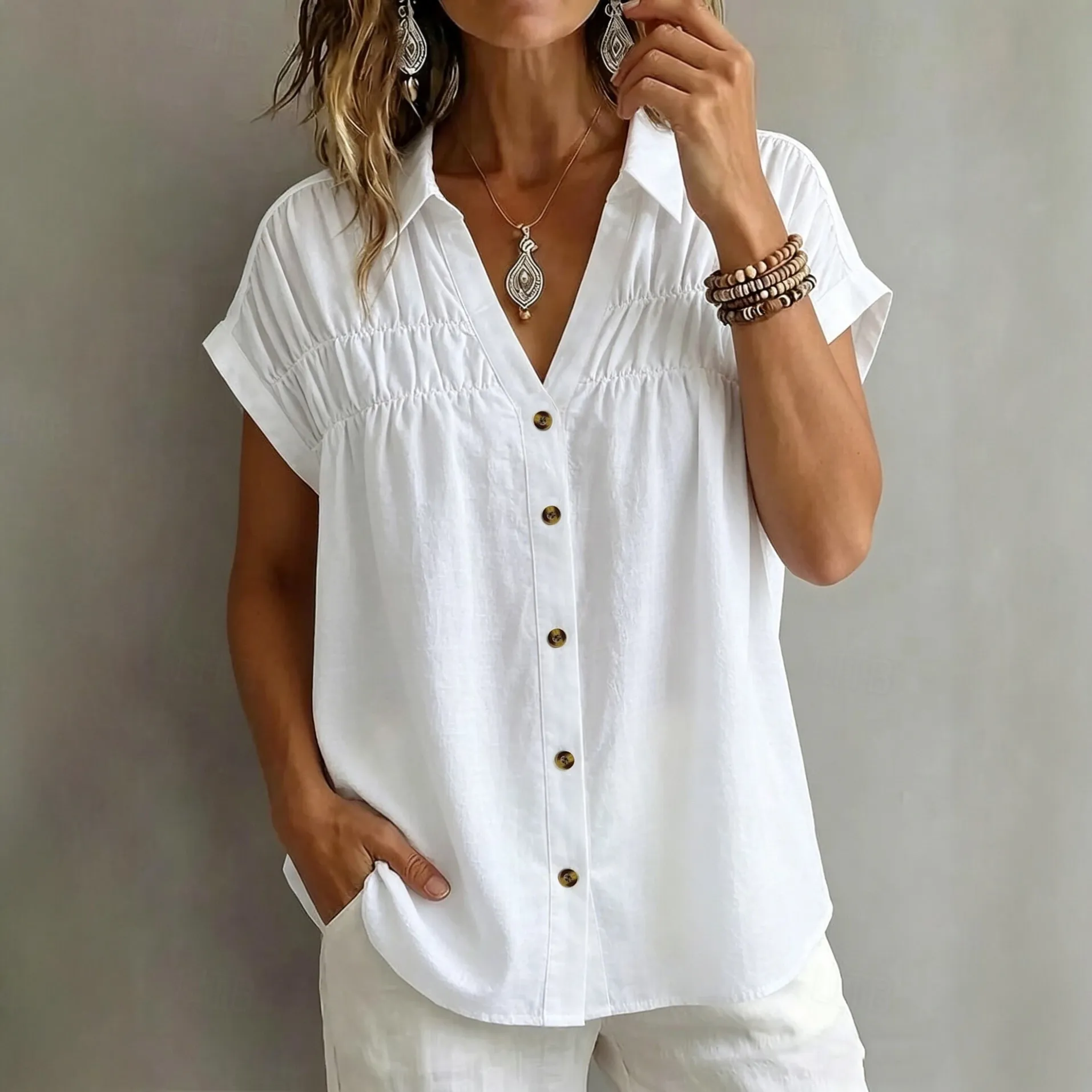 v-neck button front ruched loose fit slim fit blouse xlk0125 front view