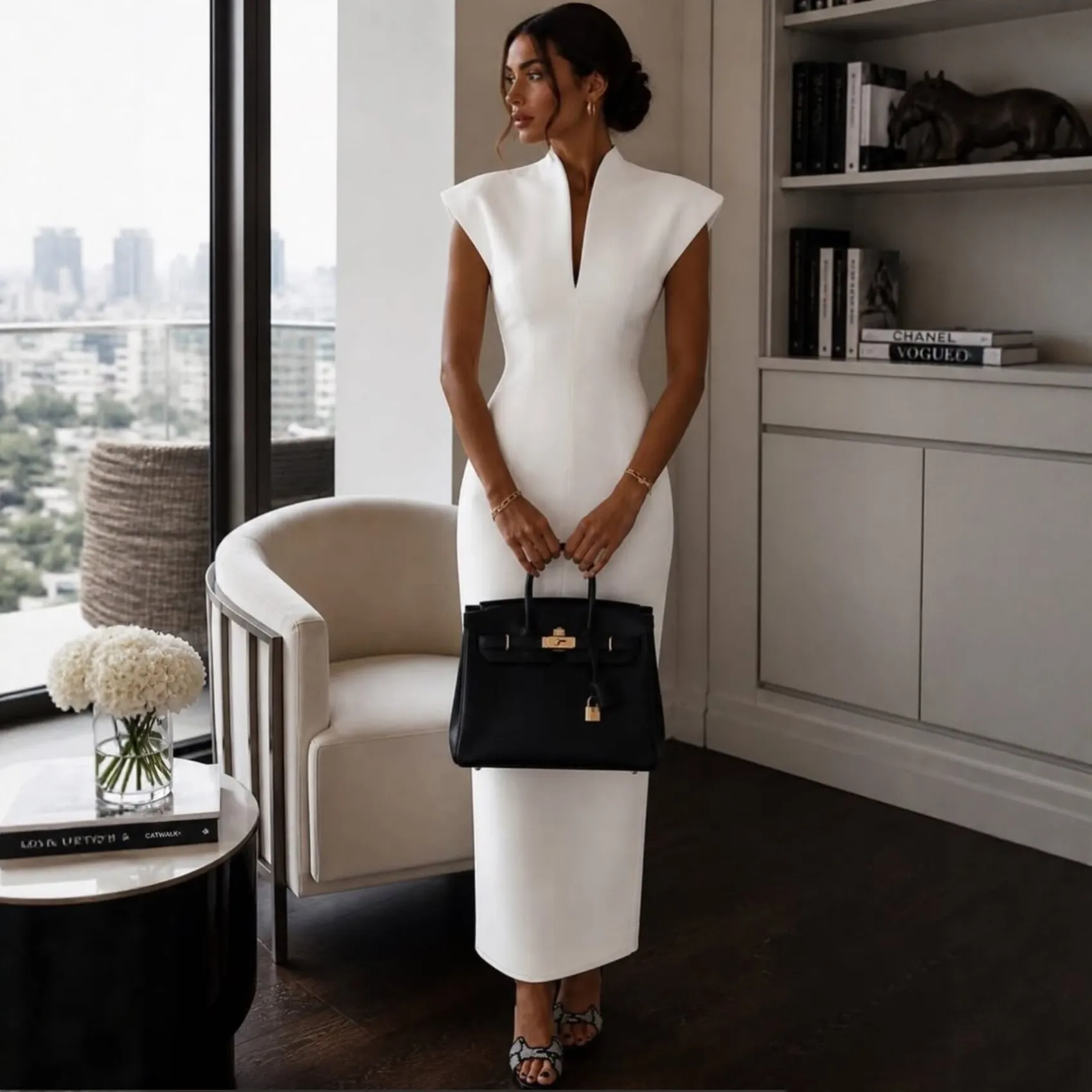 v-neck stand collar sleeveless waist tie evening dress xlk6007 front view
