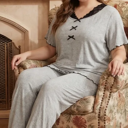 plus size short sleeve lace trim long pants pajama set xlkl567 color option