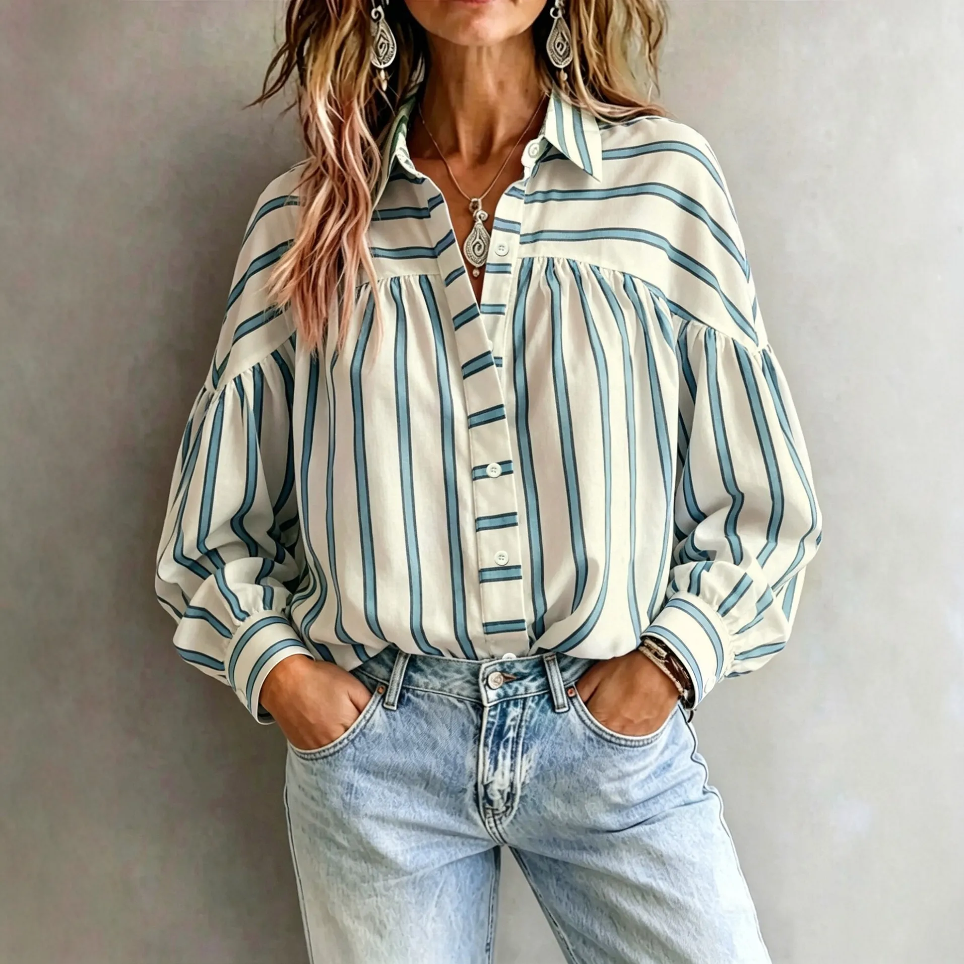 striped lapel collar long sleeve loose fit slim fit shirt xlk0124 front view