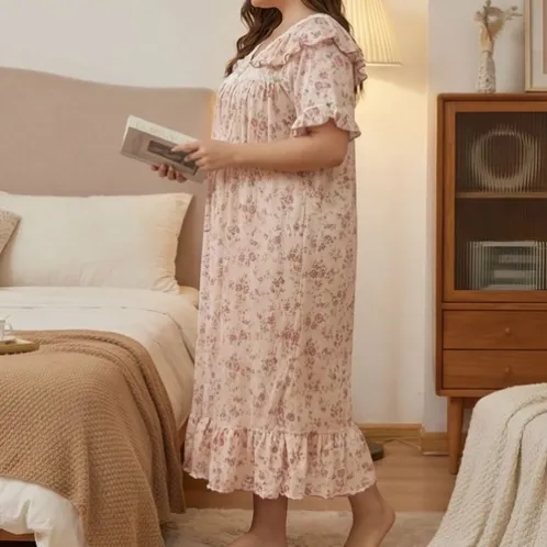 plus size short sleeve v-neck lace trim printed nightdress xlkl526 detail view