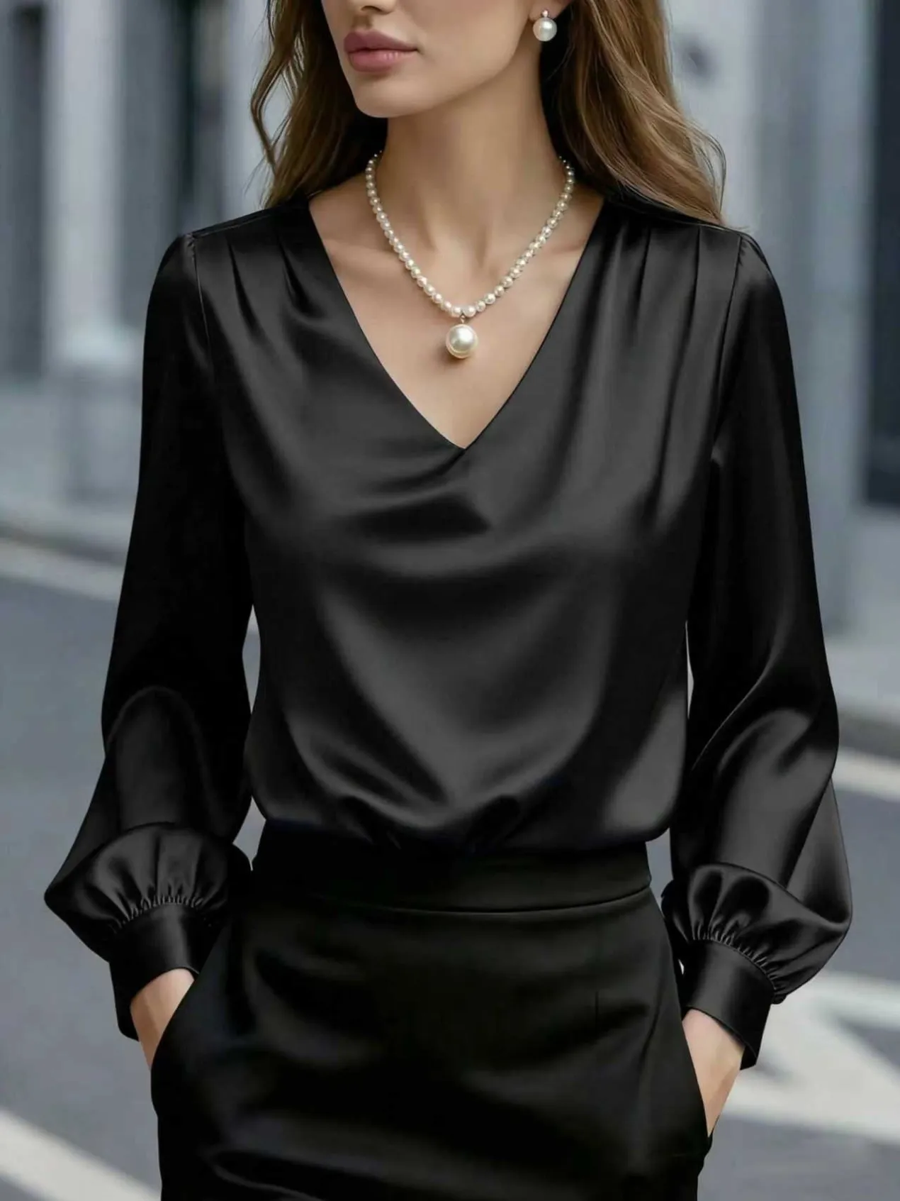 satin v-neck long sleeve puff sleeve blouse xlk6415 front view