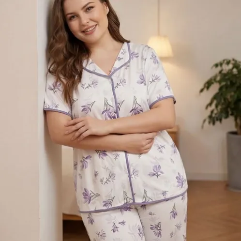 short sleeve lapel collar printed long pants pajama set xlkte-161 detail view