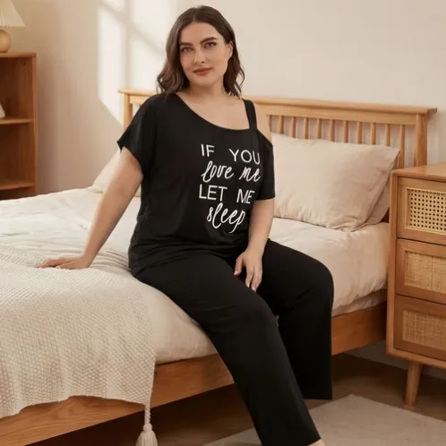 plus size short sleeve printed long pants pajama set xlkl540 detail view