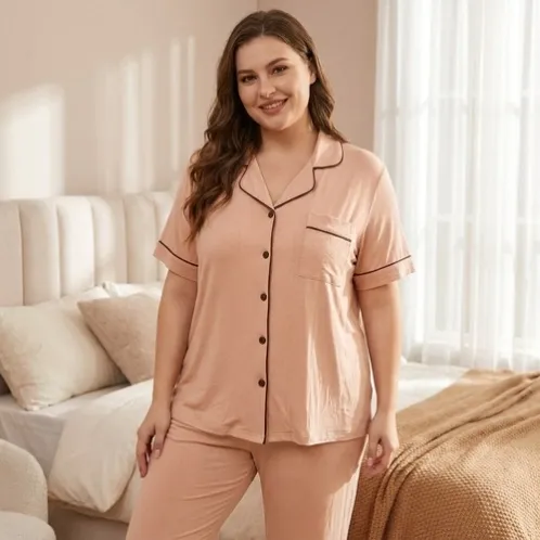 plus size short sleeve button front pajama set xlkal-028 front view