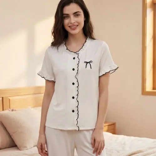 women white button short sleeve pajama set TE-160 front view