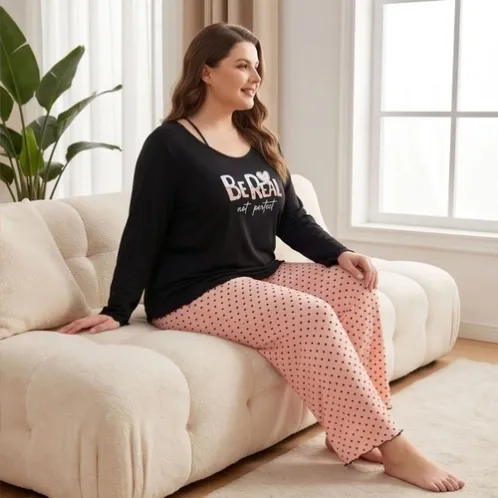plus size long sleeve round neck printed long pants pajama set xlkl644 lifestyle view