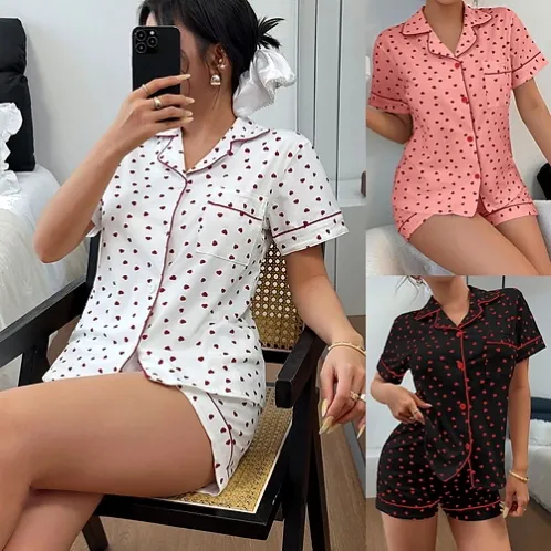 women heart print short sleeve cotton pajama set white front view