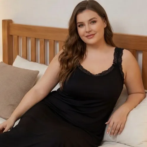 plus size sleeveless lace trim nightdress xlkte-091 front view