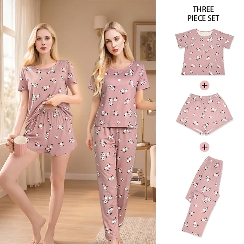 women floral print three piece pajama set xlk92023 front view