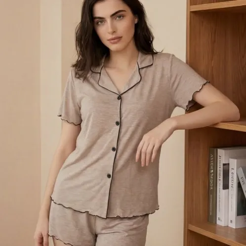 short sleeve lapel collar button front shorts pajama set xlkl860 front view