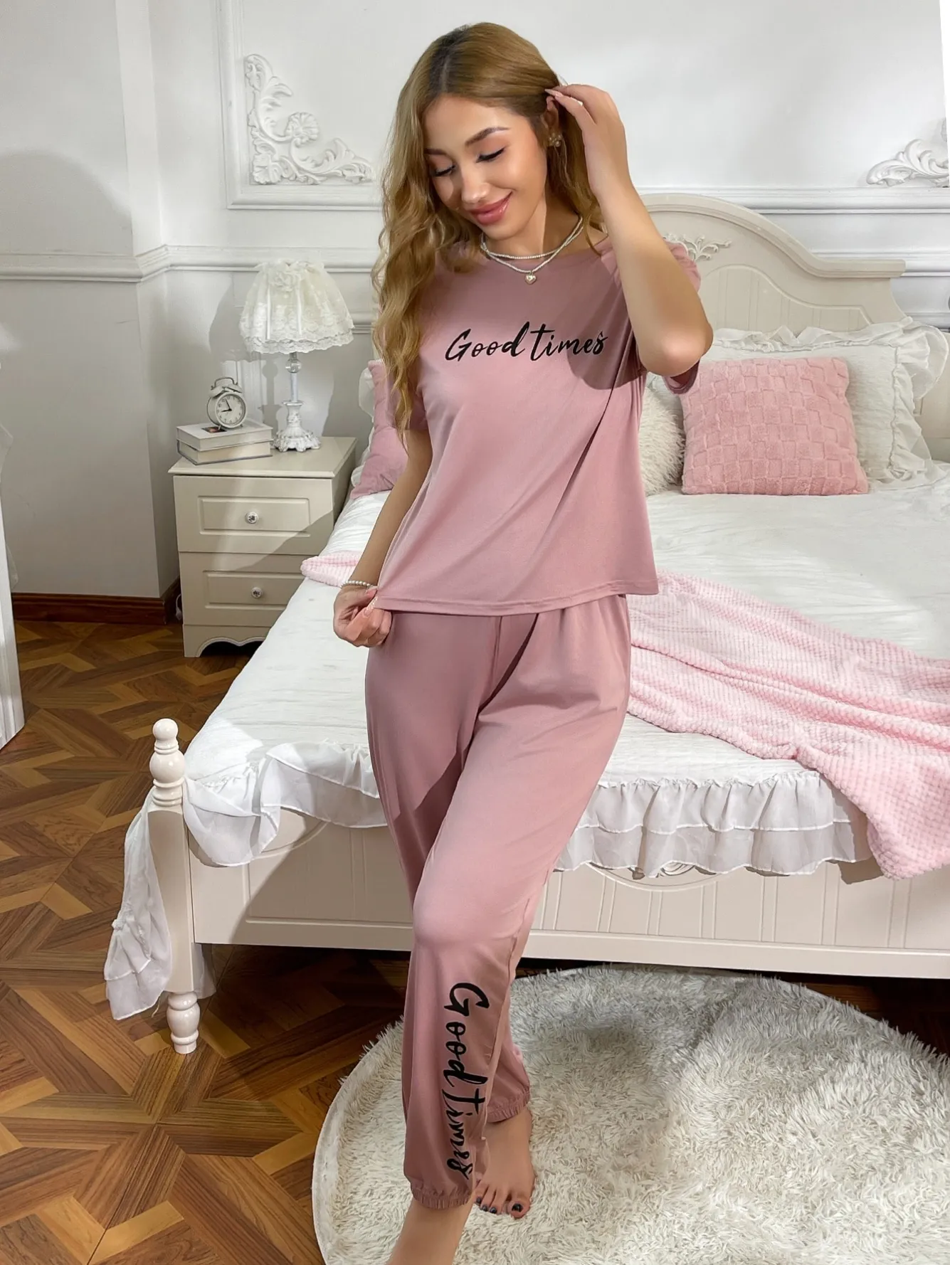 women milk silk lightweight printed short sleeve long pants pajama set xlk9881-1 lifestyle view