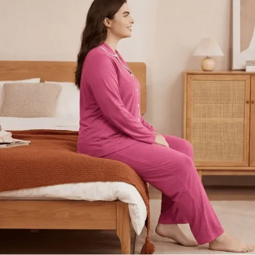 plus size long sleeve lapel collar button front pajama set xlkl686 front view