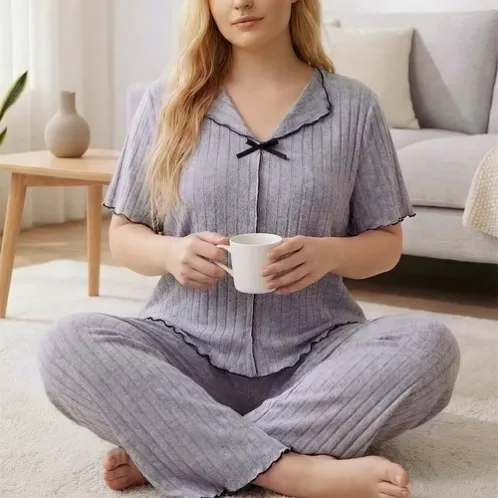 short sleeve lapel collar solid color long pants pajama set xlkl612 color option