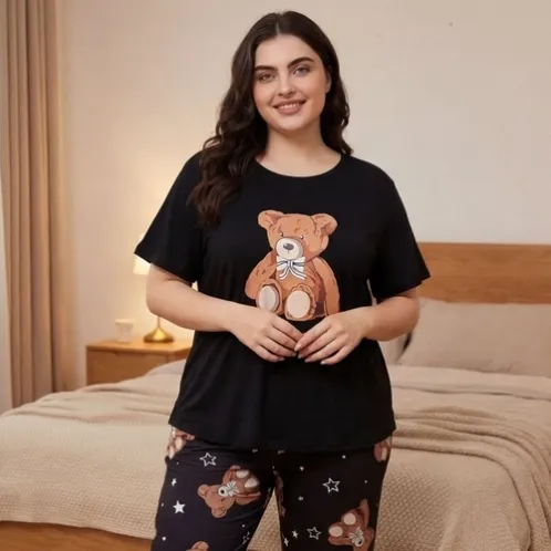 plus size short sleeve printed long pants pajama set xlkl208 lifestyle view