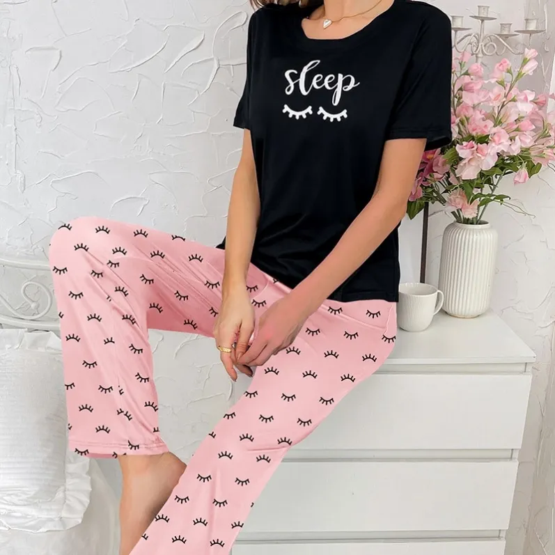 women milk silk lightweight printed short sleeve long pants pajama set xlk93053 front view