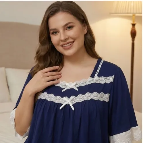 plus size short sleeve lace trim printed nightdress xlkl452 lifestyle view
