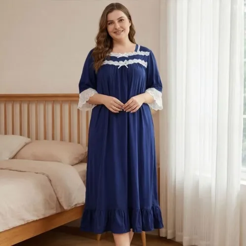 plus size short sleeve lace trim printed nightdress xlkl452 detail view