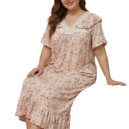 plus size short sleeve v-neck lace trim printed nightdress xlkl526 detail view