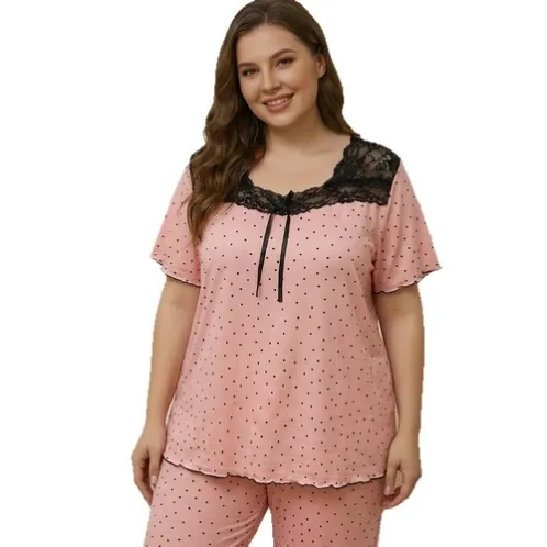 plus size short sleeve lace trim polka dot pajama set xlkl451 detail view