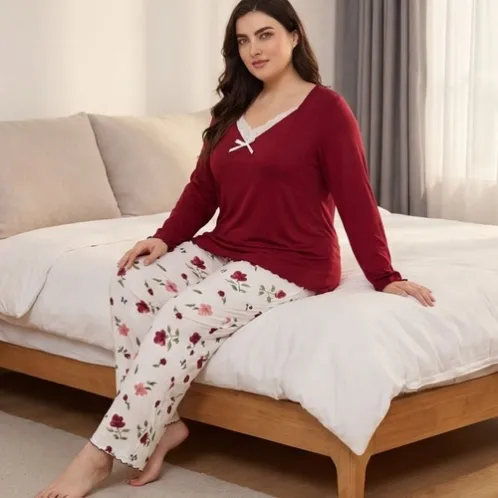 plus size long sleeve printed long pants pajama set xlkl680 detail view