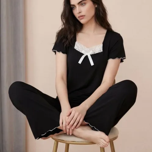 short sleeve lace trim long pants pajama set xlkte-154 color option