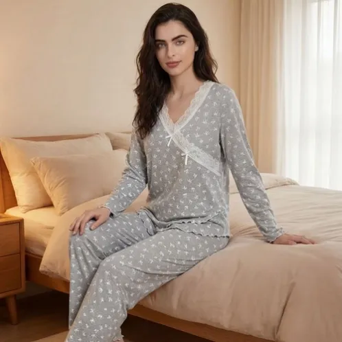 long sleeve v-neck lace trim printed pajama set xlkl697 front view
