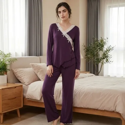 long sleeve v-neck lace trim long pants pajama set xlkl699 detail view