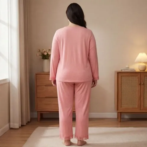 plus size long sleeve round neck long pants pajama set xlkl674 lifestyle view