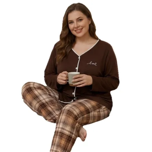 plus size long sleeve button front long pants pajama set xlkl742 front view