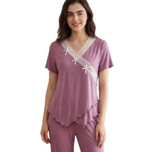 short sleeve lace trim long pants pajama set xlkl535 detail view