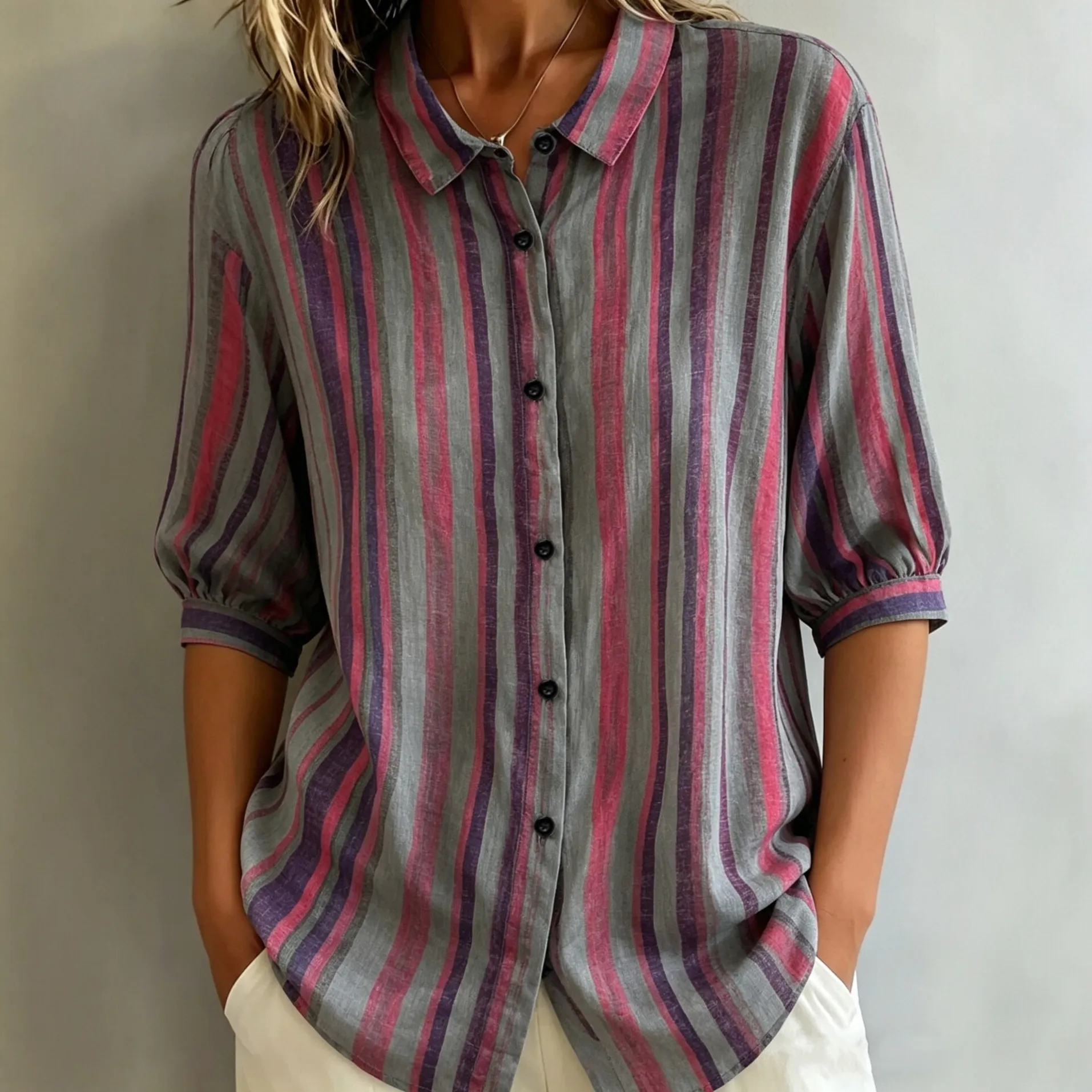 striped lapel collar three-quarter sleeve button front contrast trim shirt xlk0130 front view