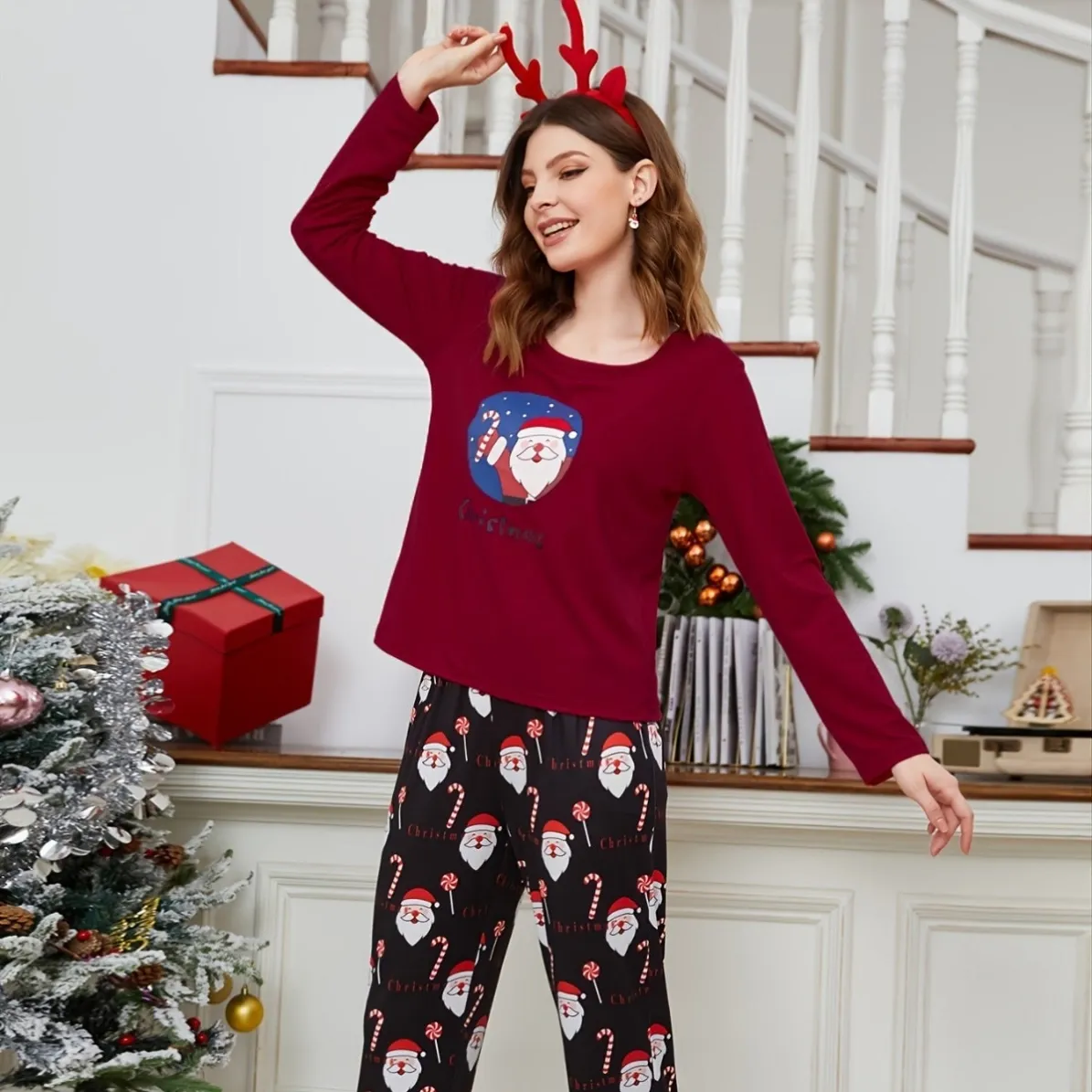 women milk silk warm long sleeve long pants pajama set xlk90008 lifestyle view