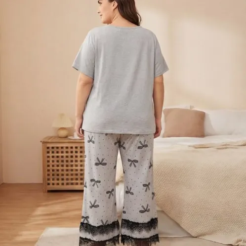 plus size short sleeve lace trim printed pajama set xlkl407 detail view