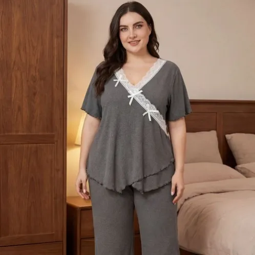 plus size short sleeve v-neck lace trim pajama set xlkl443 front view