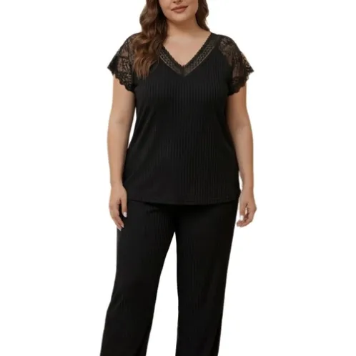 plus size short sleeve v-neck lace trim solid color long pants pajama set xlkl515 color option