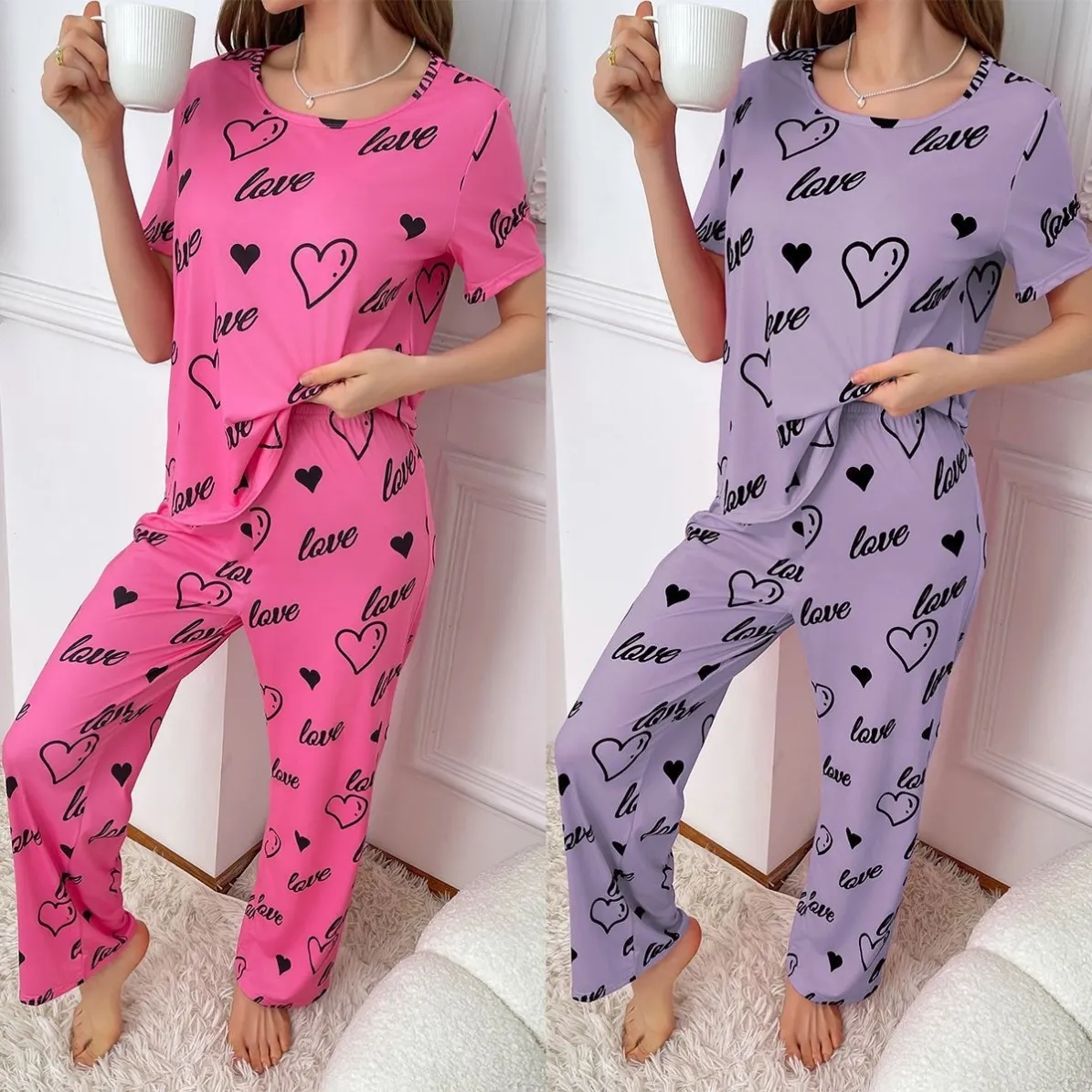 women milk silk lightweight printed short sleeve long pants pajama set xlkp93069 front view