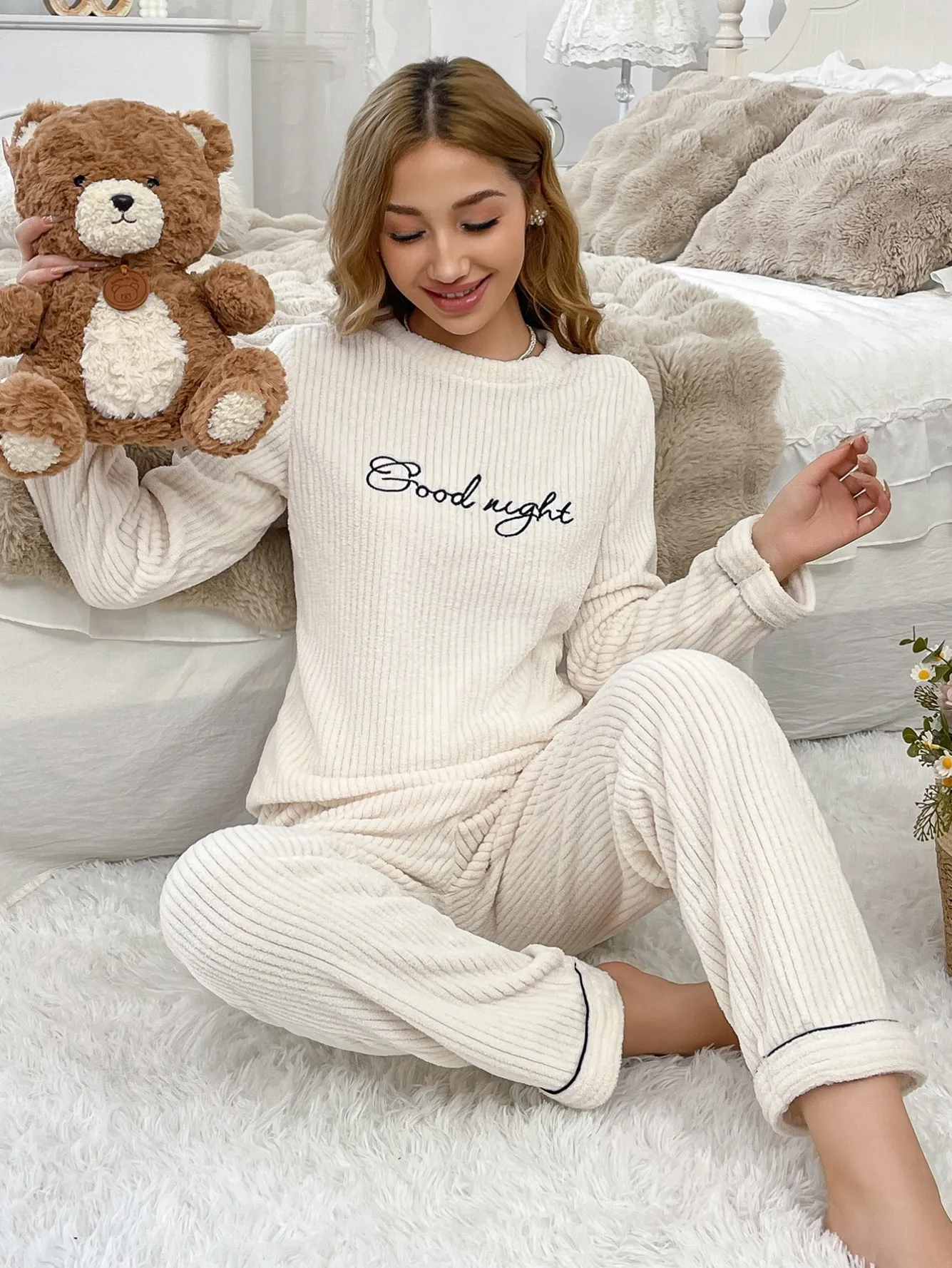 women coral fleece warm long sleeve long pants pajama set xlk5275 lifestyle view
