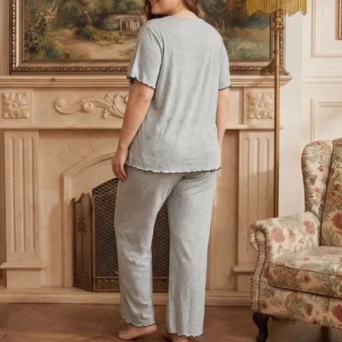 plus size short sleeve lace trim long pants pajama set xlkl567 detail view