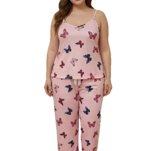 plus size sleeveless printed long pants pajama set xlkl023 detail view