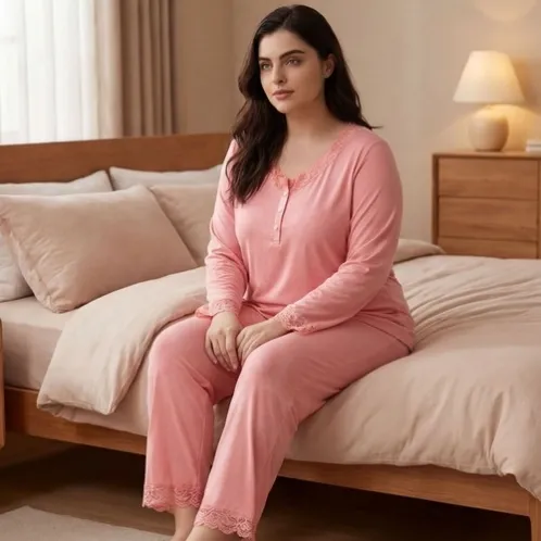 plus size long sleeve round neck long pants pajama set xlkl674 detail view