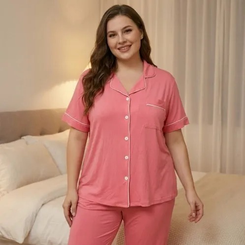 plus size short sleeve button front pajama set xlkal-028 front view