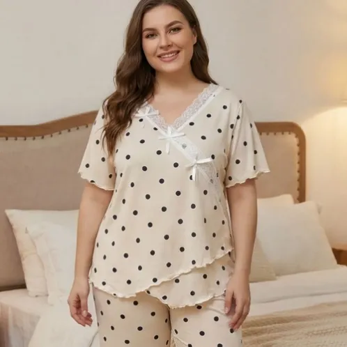 plus size short sleeve lace trim polka dot nightdress xlkl564 front view
