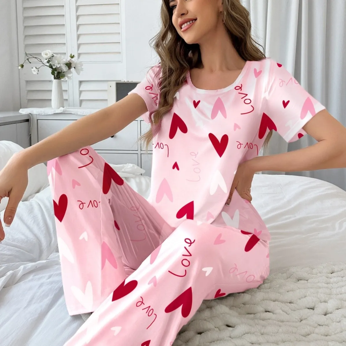 women milk silk printed short sleeve long pants pajama set xlk93066 front view