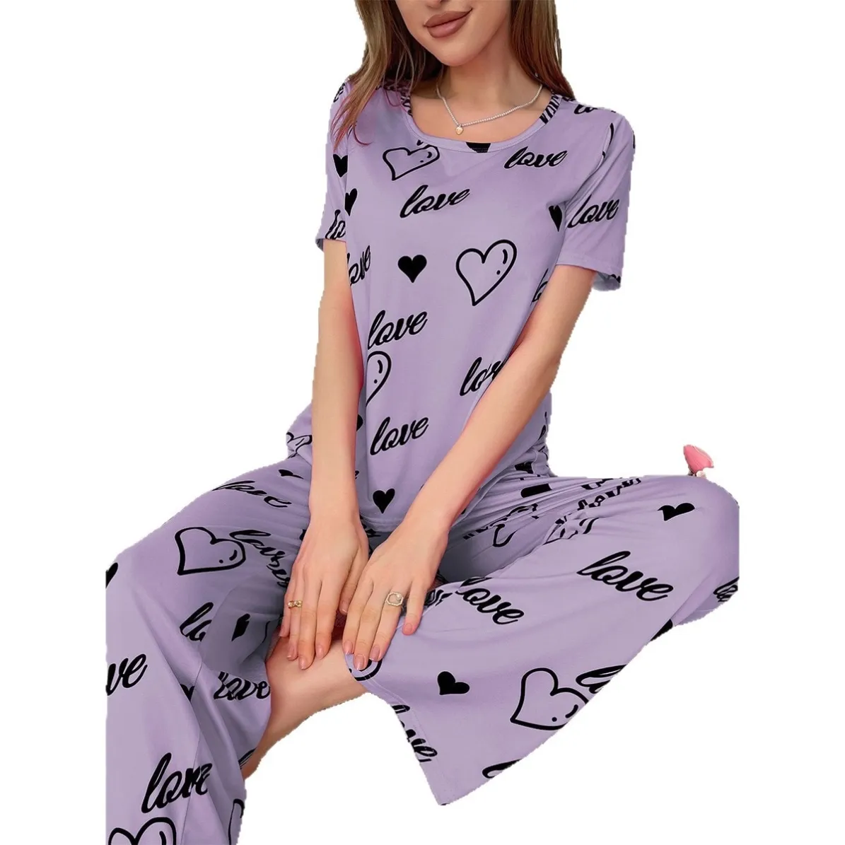 women milk silk lightweight printed short sleeve long pants pajama set xlkp93069 lifestyle view