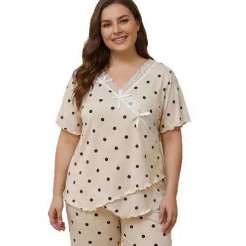 plus size short sleeve lace trim polka dot nightdress xlkl564 detail view