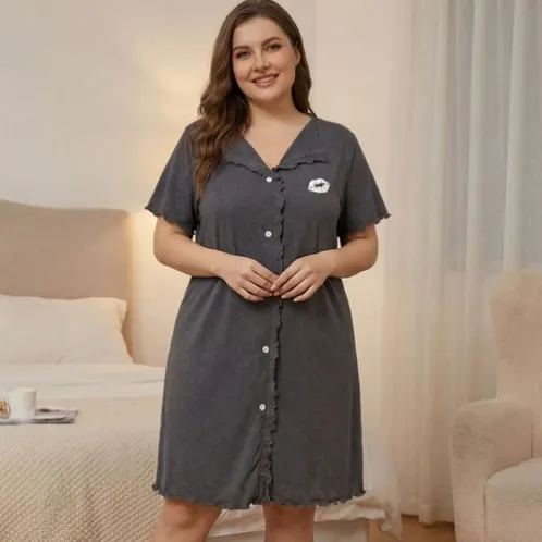 plus size lapel collar solid color robe xlkl804 front view