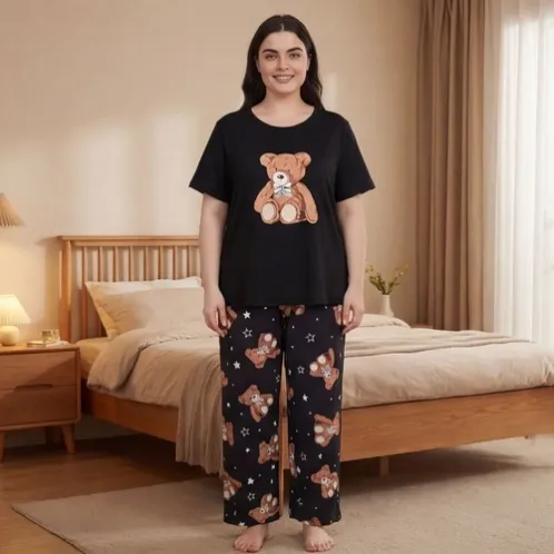 plus size short sleeve printed long pants pajama set xlkl208 front view