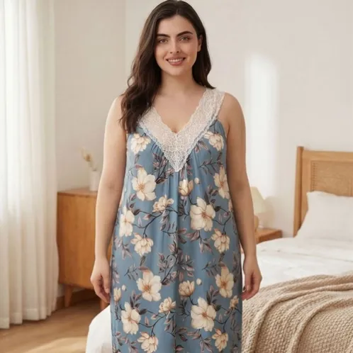 plus size sleeveless lace trim printed nightdress xlkl575 front view